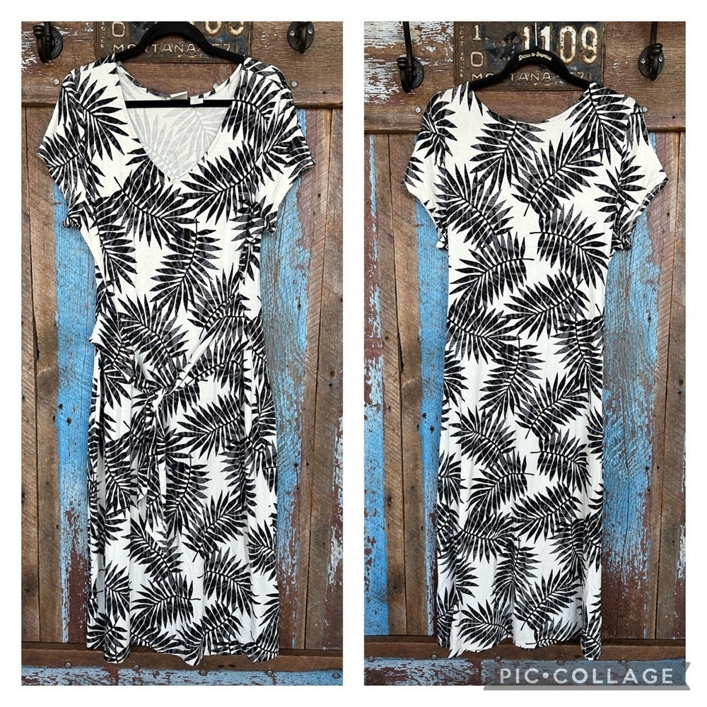 C&C California Tropical Palm Leaf Black White Print MIDI Dress Size XL